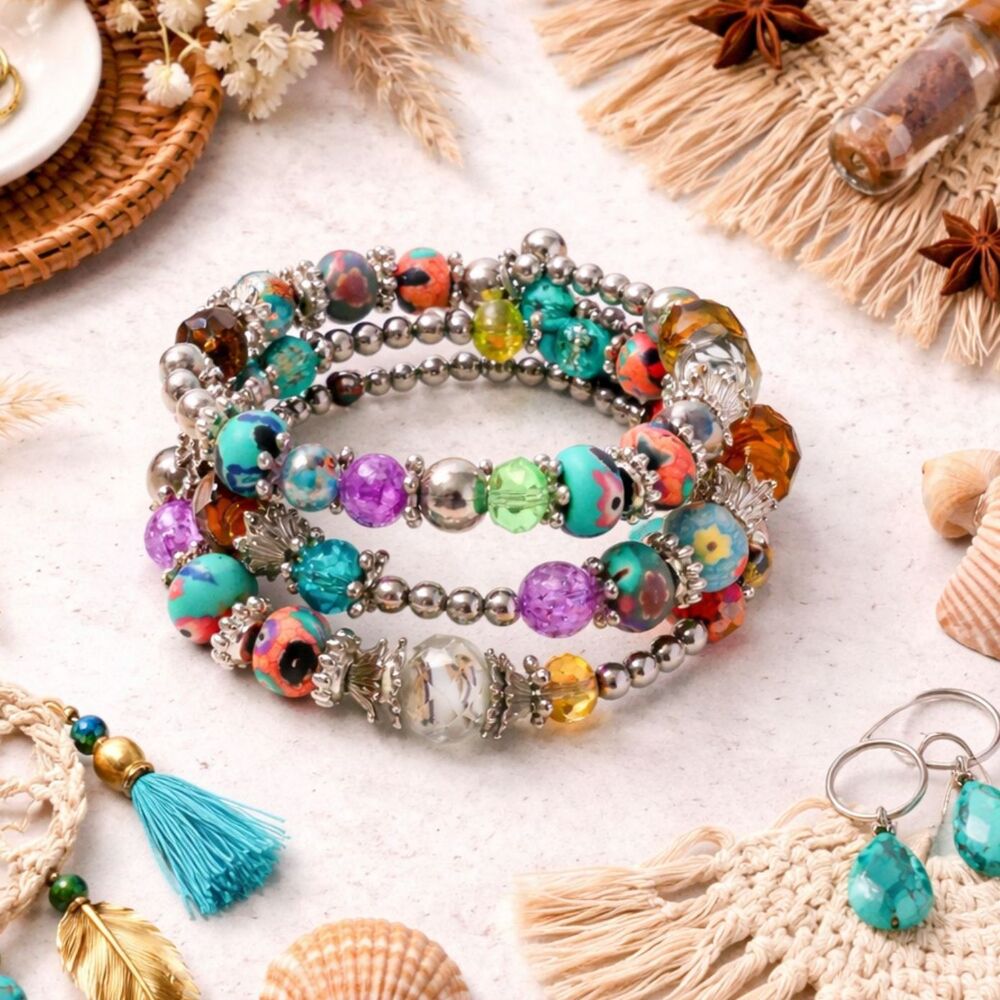 Colorful Polymer Clay and Silver Bead Wrap Bracelet
